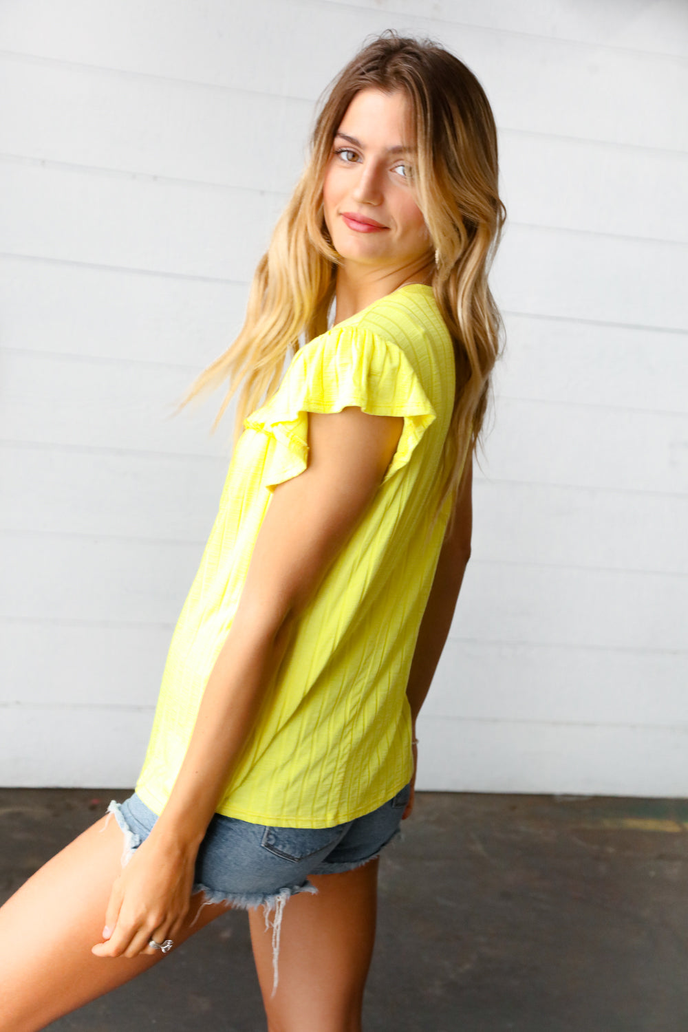 Yellow Wide Rib Frilled Short Sleeve Yoke Top