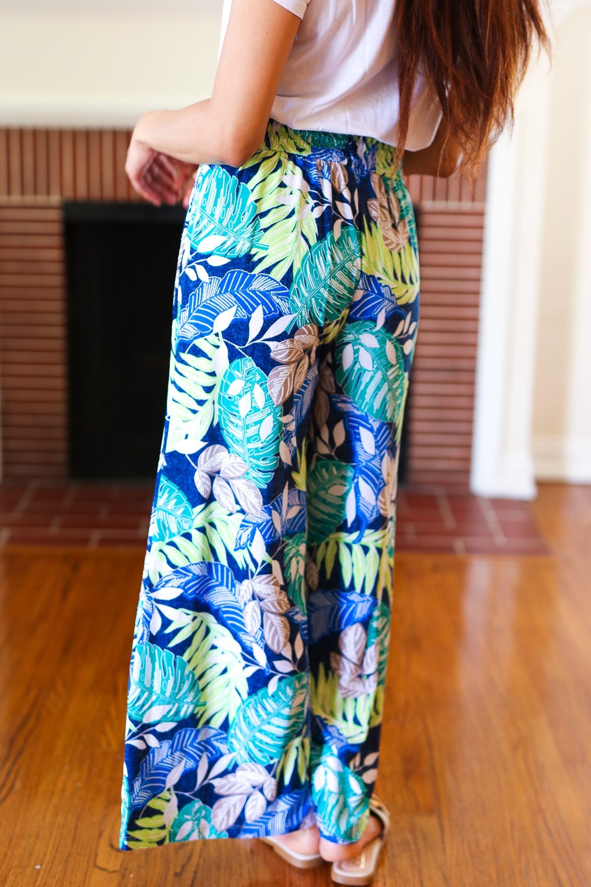 Tropical Boho Smocked Waist Side Slit Palazzo Pants