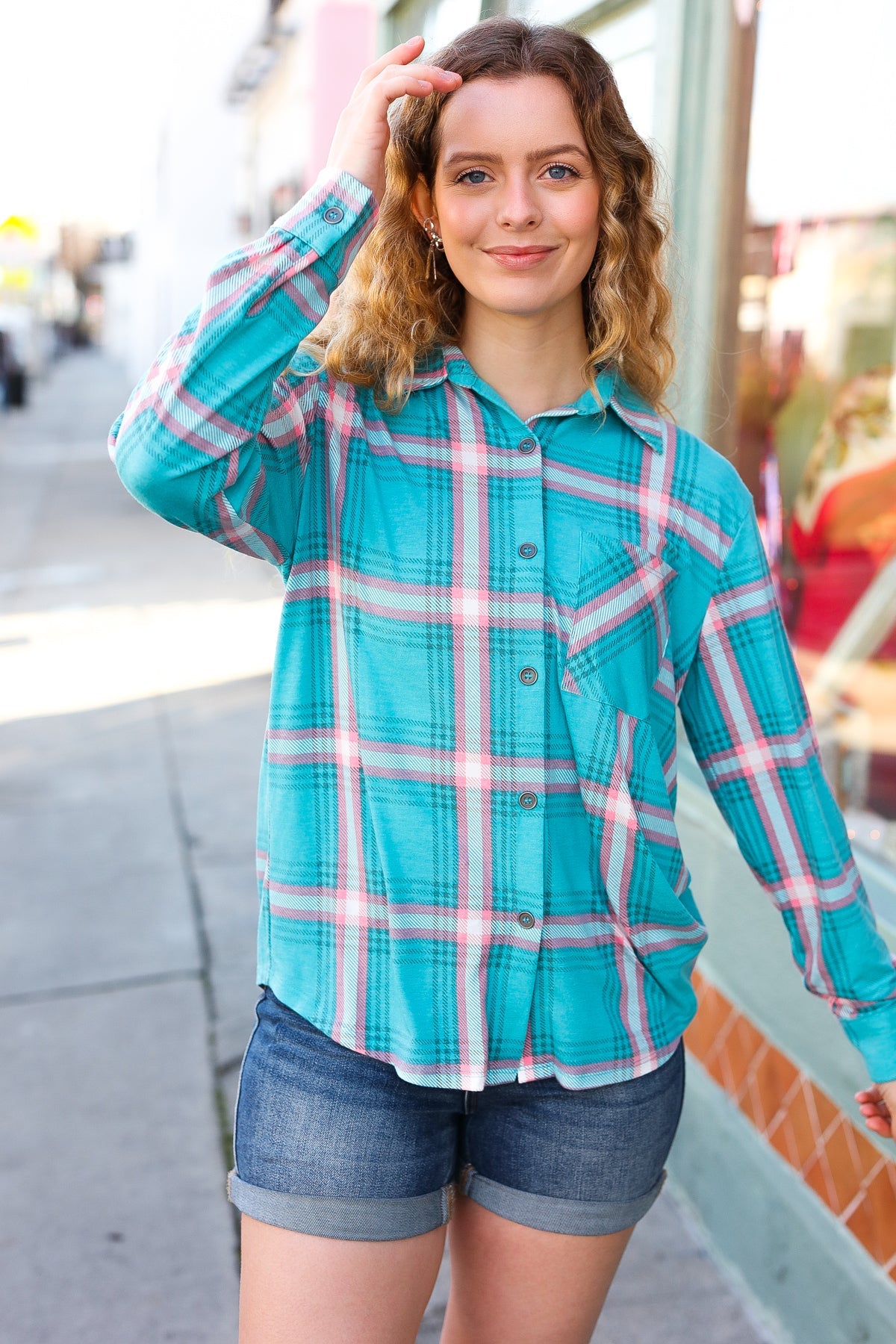 Teal & Pink Plaid Front Pocket Button Down Shacket