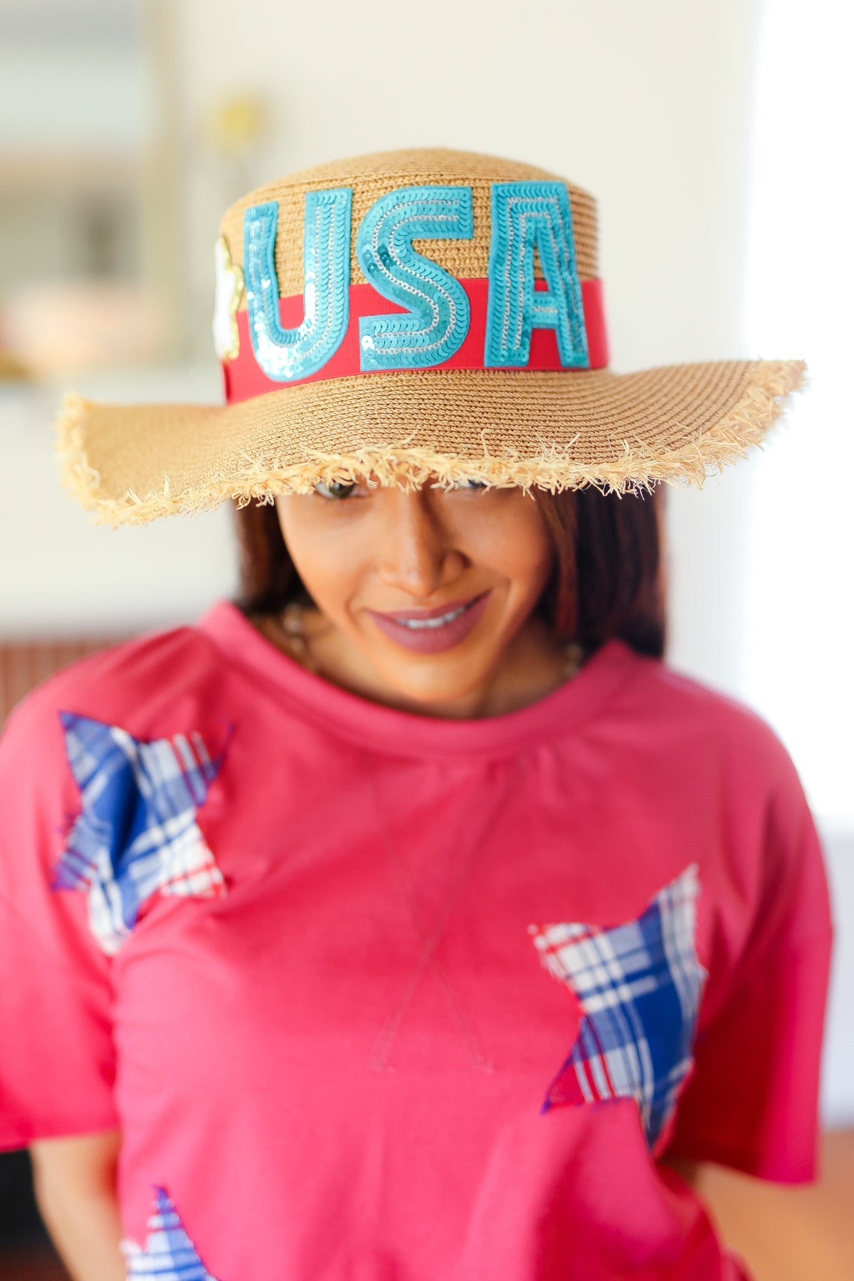 USA Sequin Frayed Edge Straw Hat