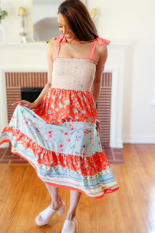 Vacay Vibes Taupe Floral Smocked Tube Top Tiered Maxi Dress