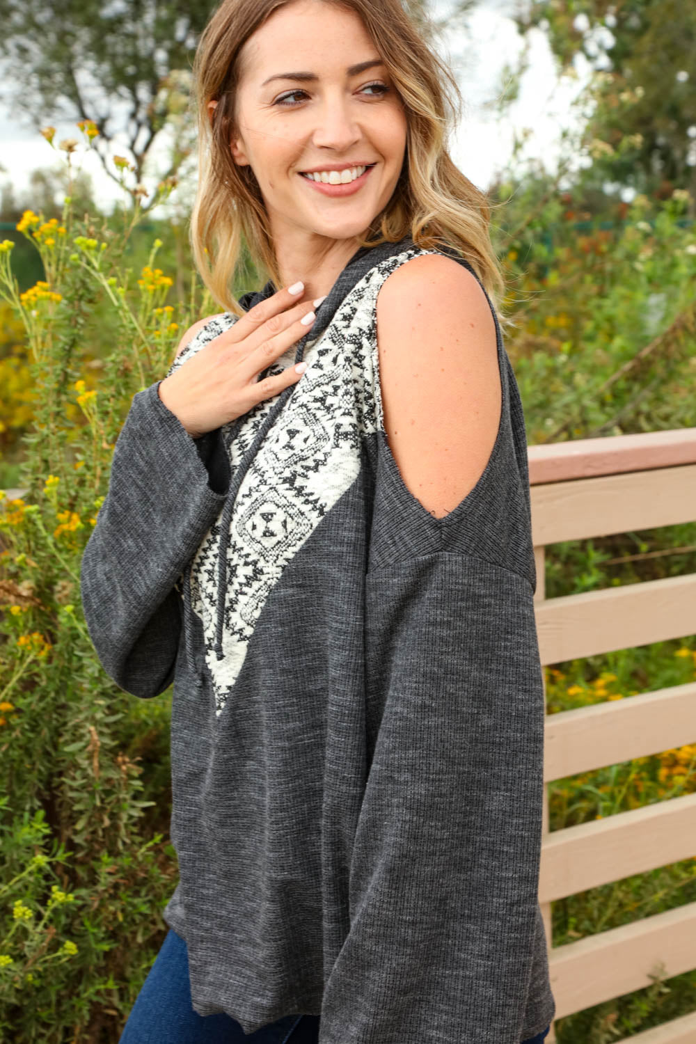 Thermal Triangle Tribal Cold Shoulder Hoodie