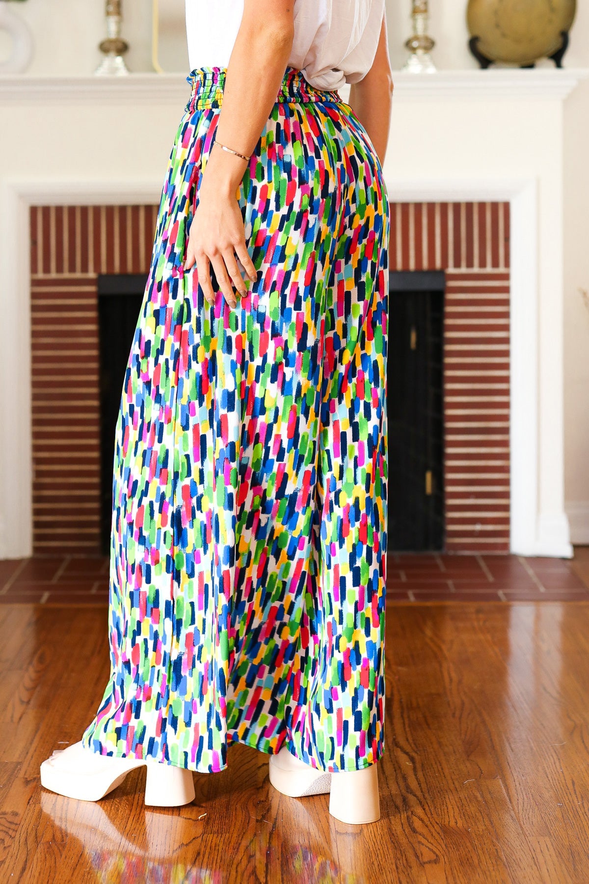 Stand Out Navy & Green Abstract Print Smocked Waist Palazzo Pants