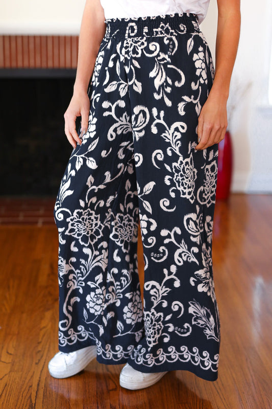 You Got This Navy Paisley Floral Smocked Waist Palazzo Pants