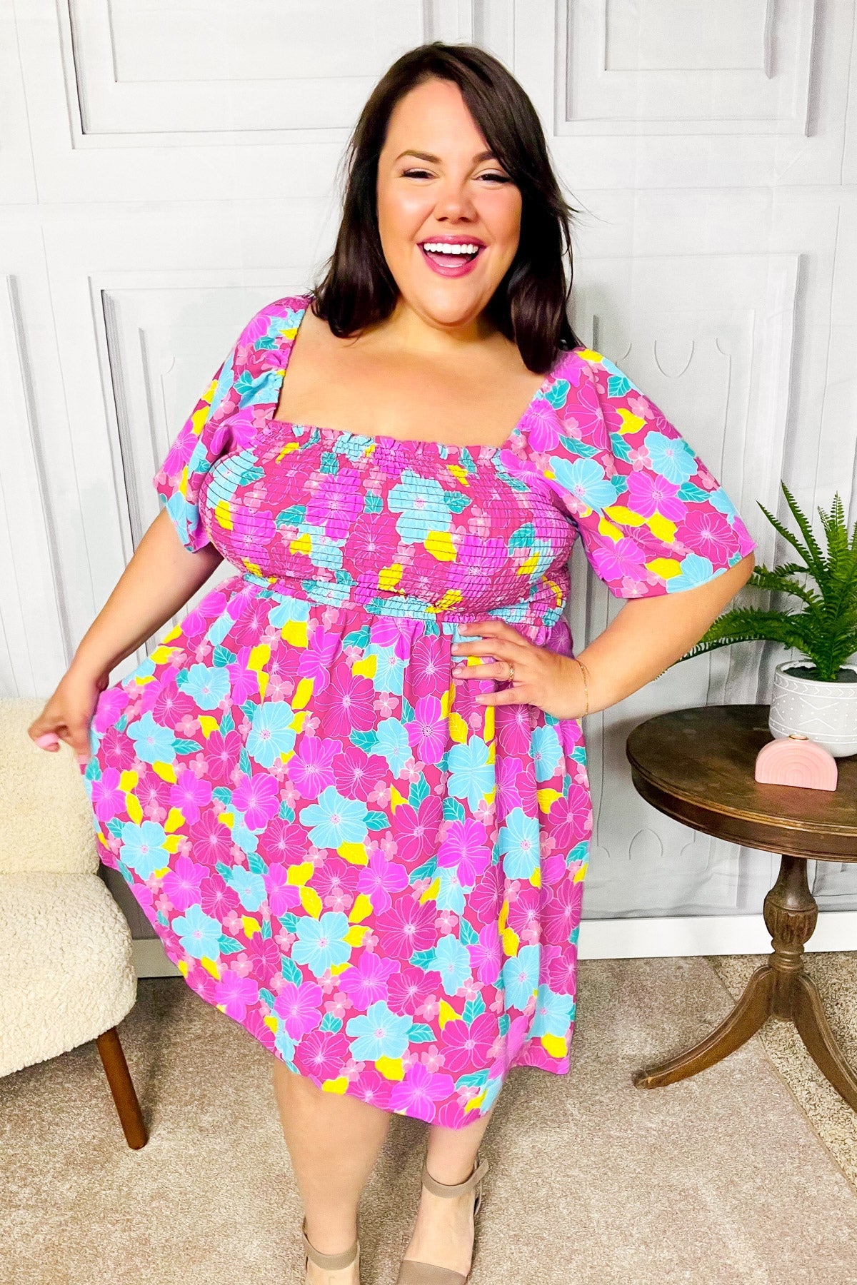 Vacay Vibes Fuchsia Floral Print Fit & Flare Smocked Dress