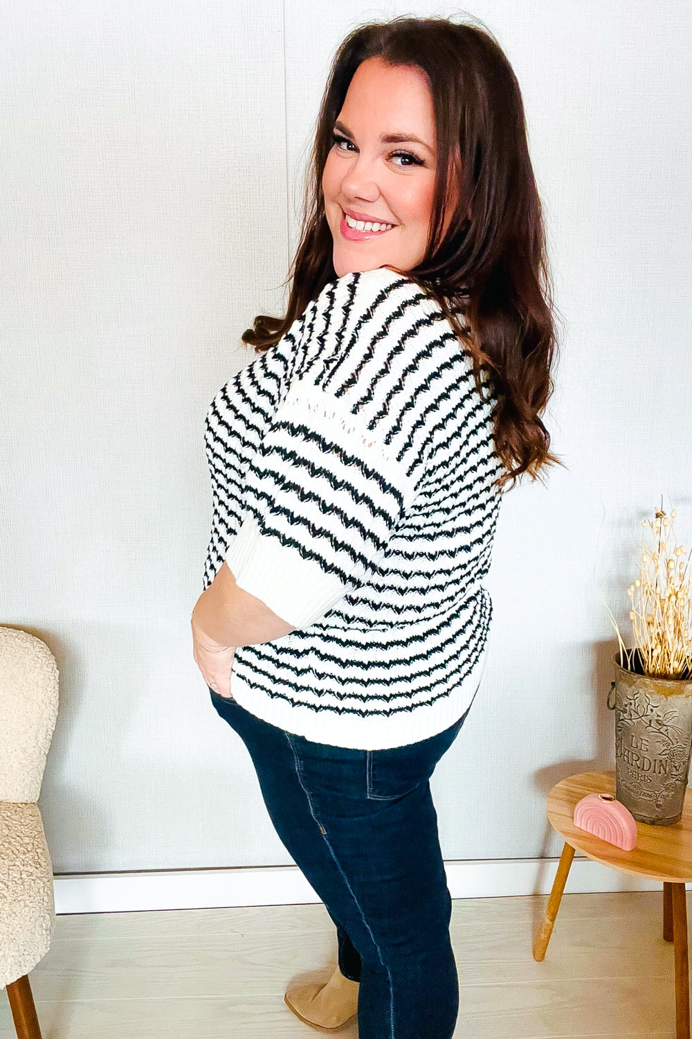 You've Got This Ivory & Black Wavy Stripe Pattern Sweater Top