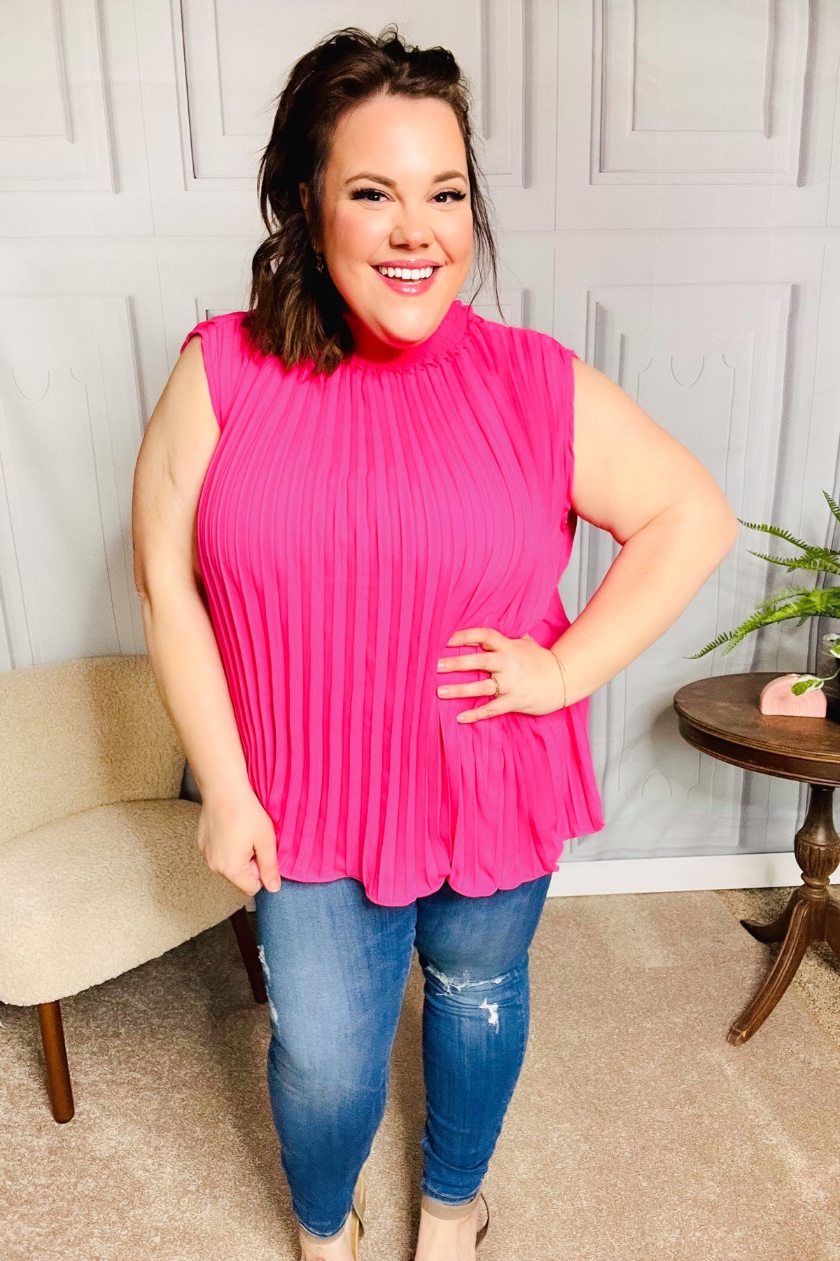 Sweet New Days Fuchsia Smocked Neck Pleated Sleeveless Top