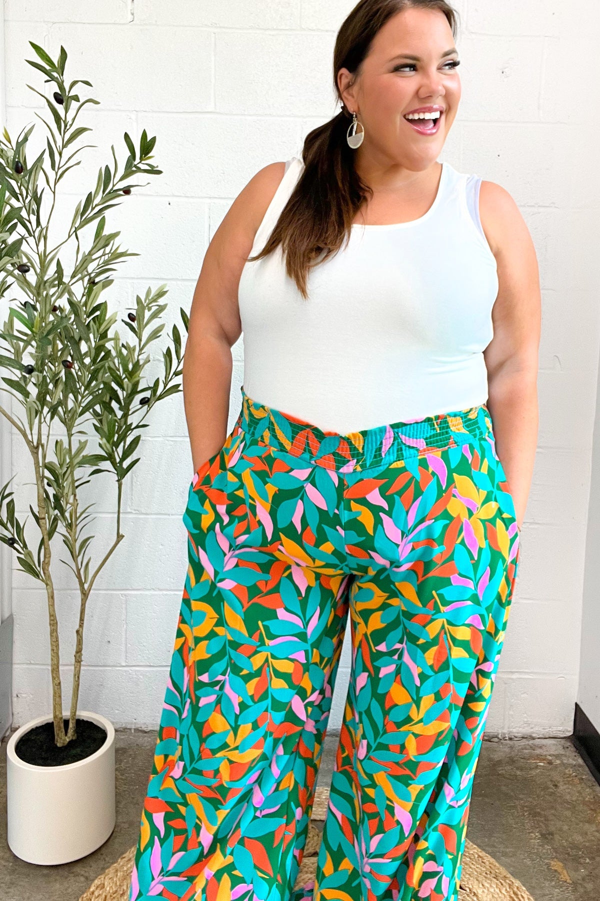 Summer Vibes Green & Orange Abstract Print Smocked Palazzo Pants