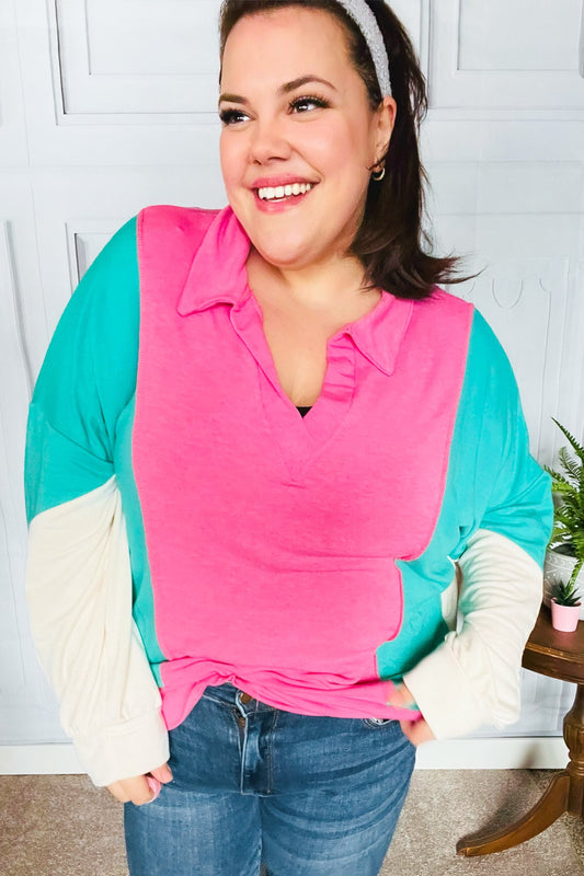 Stand Out Hot Pink & Mint V Neck Collared Terry Color Block Top