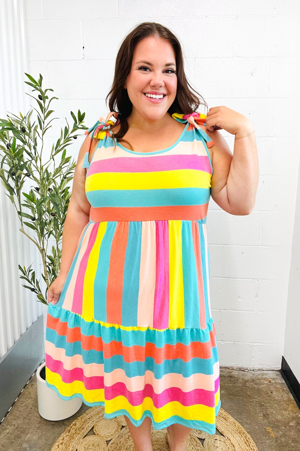 Start The Day Rainbow Stripe Shoulder Tie Tiered Dress