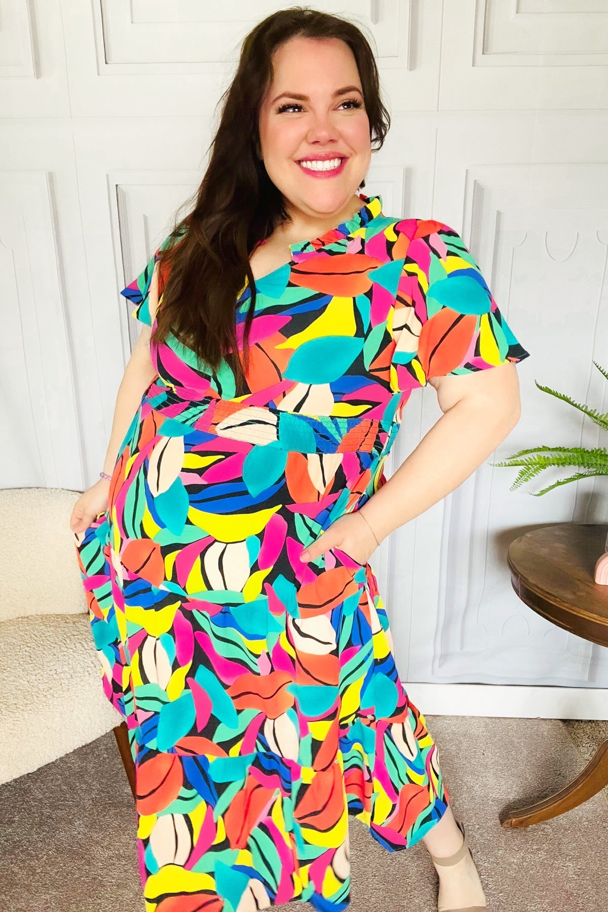 Be Bold Multicolor Abstract Tropical Print Smocked Waist Maxi Dress