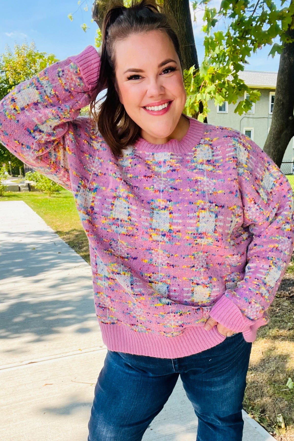 Adorable Pink Multicolor Popcorn Knit Sweater